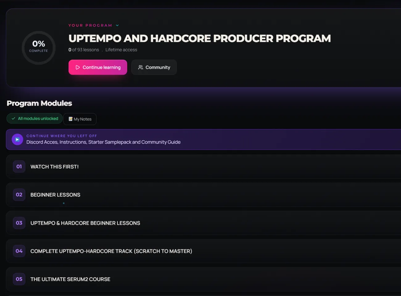 The Uptempo and Hardcore producer program dashboard with its lesson modules