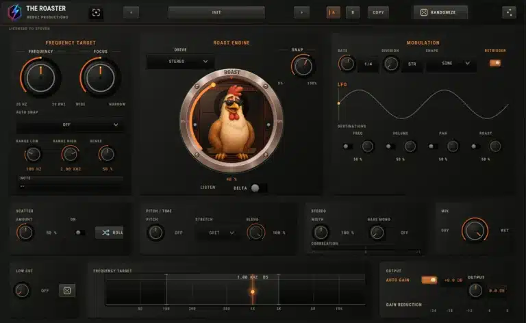 The real The Roaster v1.5.0 interface showing Frequency Target, Roast Engine, modulation, pitch, stereo and output controls