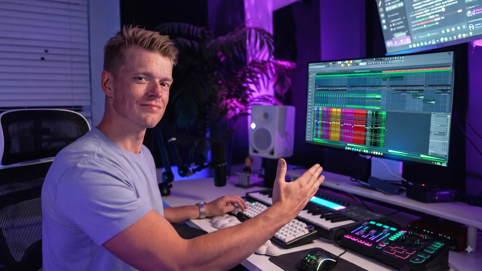 Steven Tel at the mixing desk in the NEROZ Productions studio