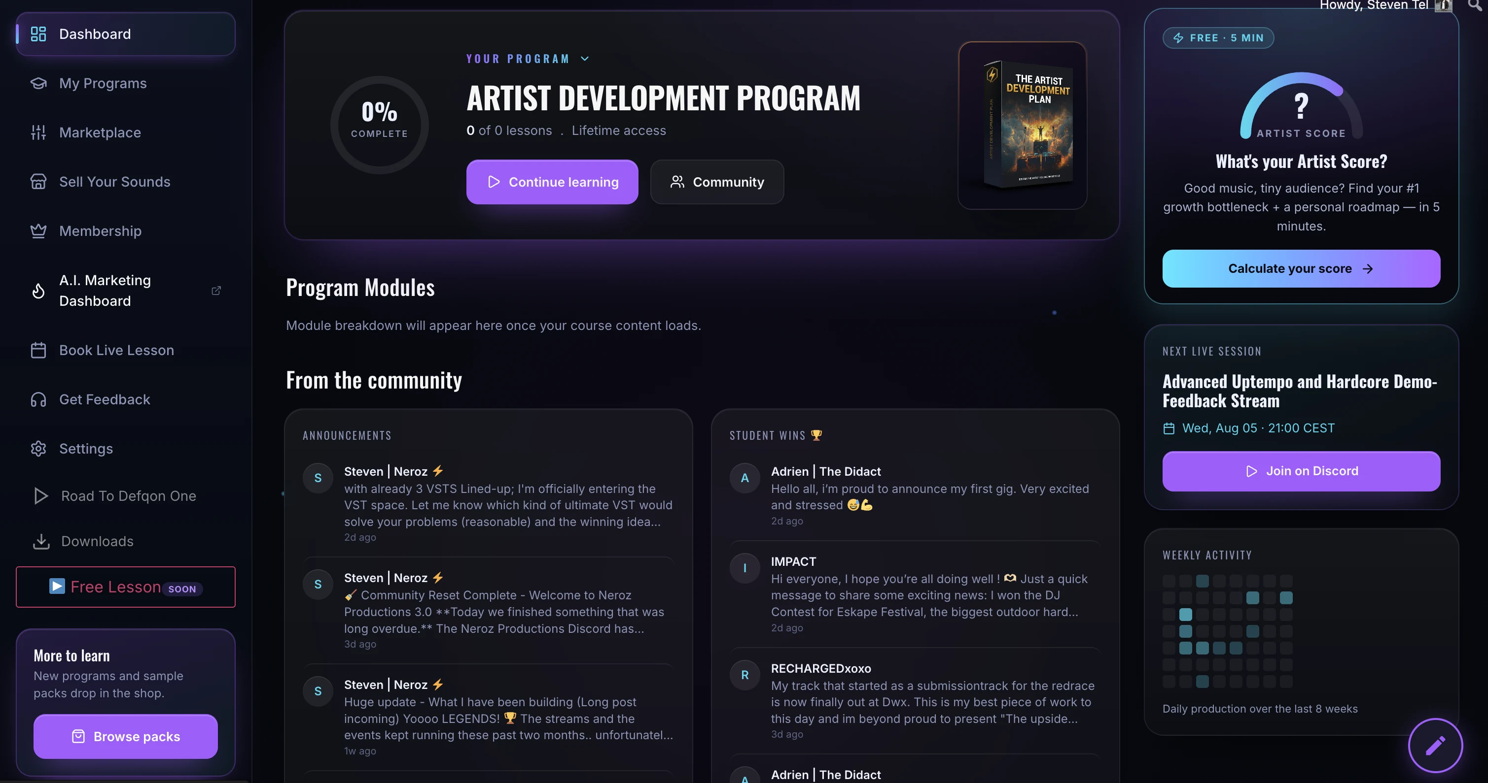 NEROZ member dashboard showing the producer community and activity