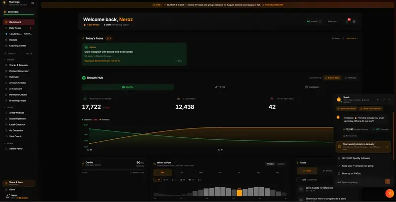 The Forge dashboard: today&rsquo;s focus, the growth hub and release stats