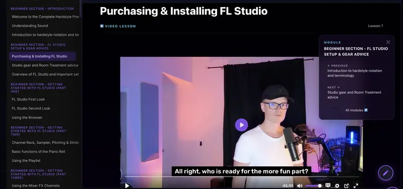 The lesson dashboard: Steven teaching a video lesson, with the lesson list beside it